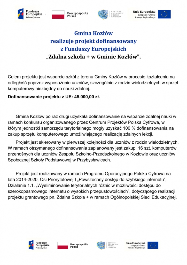 Informacja o o projekcie Zdalna szkoła + w Gminie Kozłów